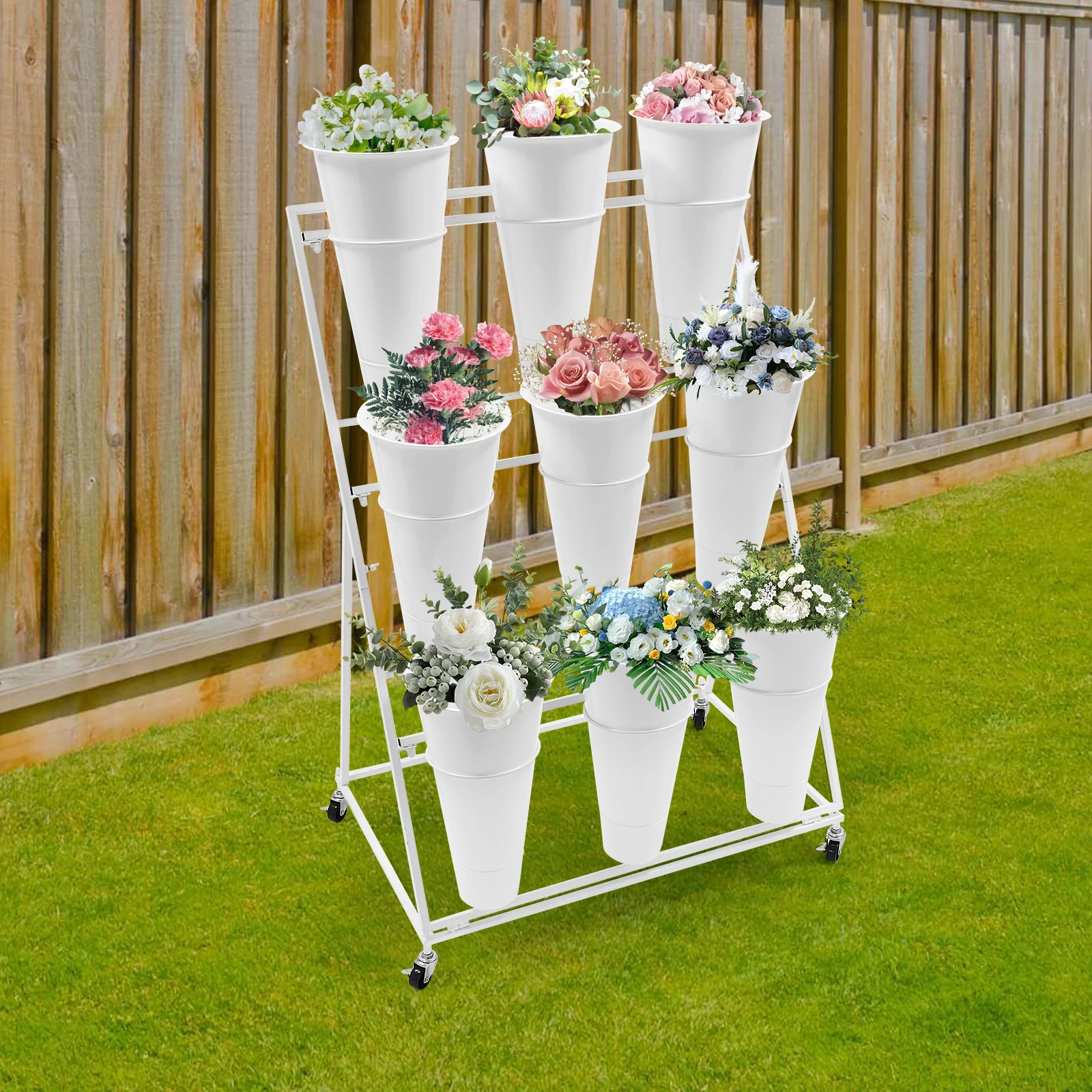 Flower Display Stand 9x Buckets White Tapered Bucket 3 Layers White Metal Plant Stand with Wheels