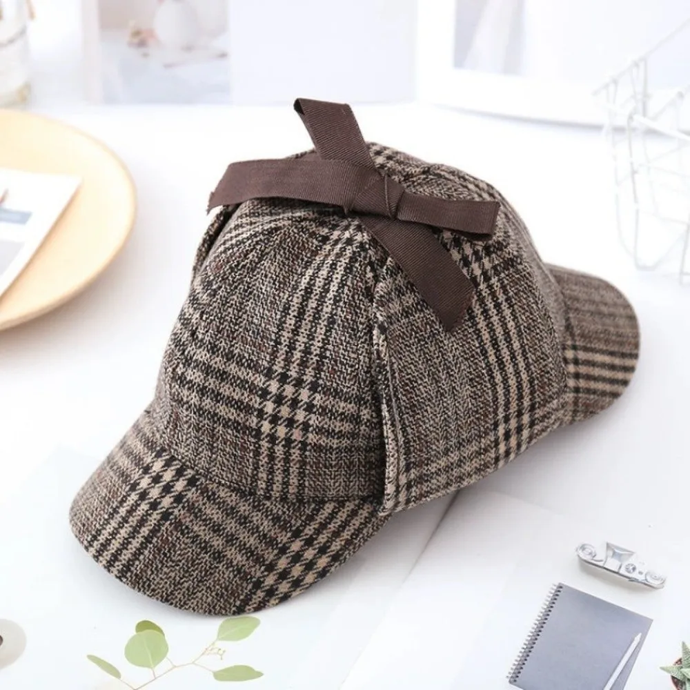 Fashion Striped Pattern Detective Cap Double-Cap Brim All Seasons Ear Protection Cap Baseball Cap Women