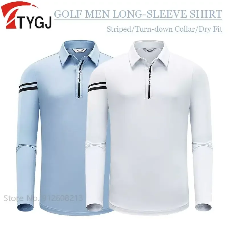 TTYGJ Autumn Men Golf Wear Casual Sports Shirt Long-sleeved Business Golf T-shirt Male Elastic Striped Tops Tturn-down Collar