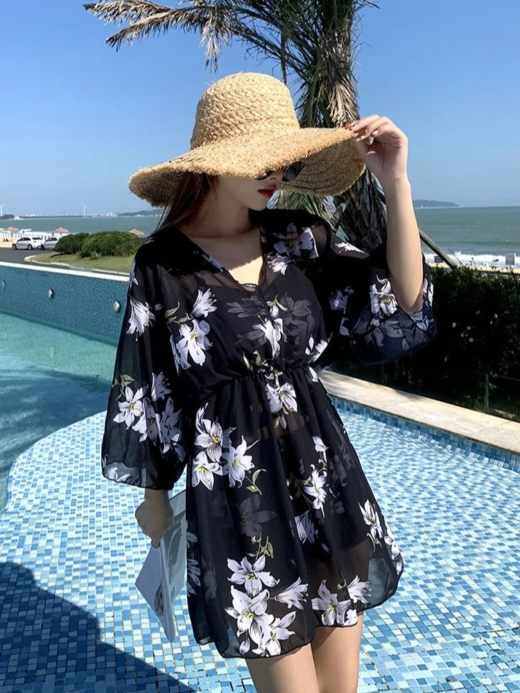 Modest Tankini Sets for Women High Waisted Boyleg Swimwear with Ruffle Sleeve Cover Up 3PCS Beachwear