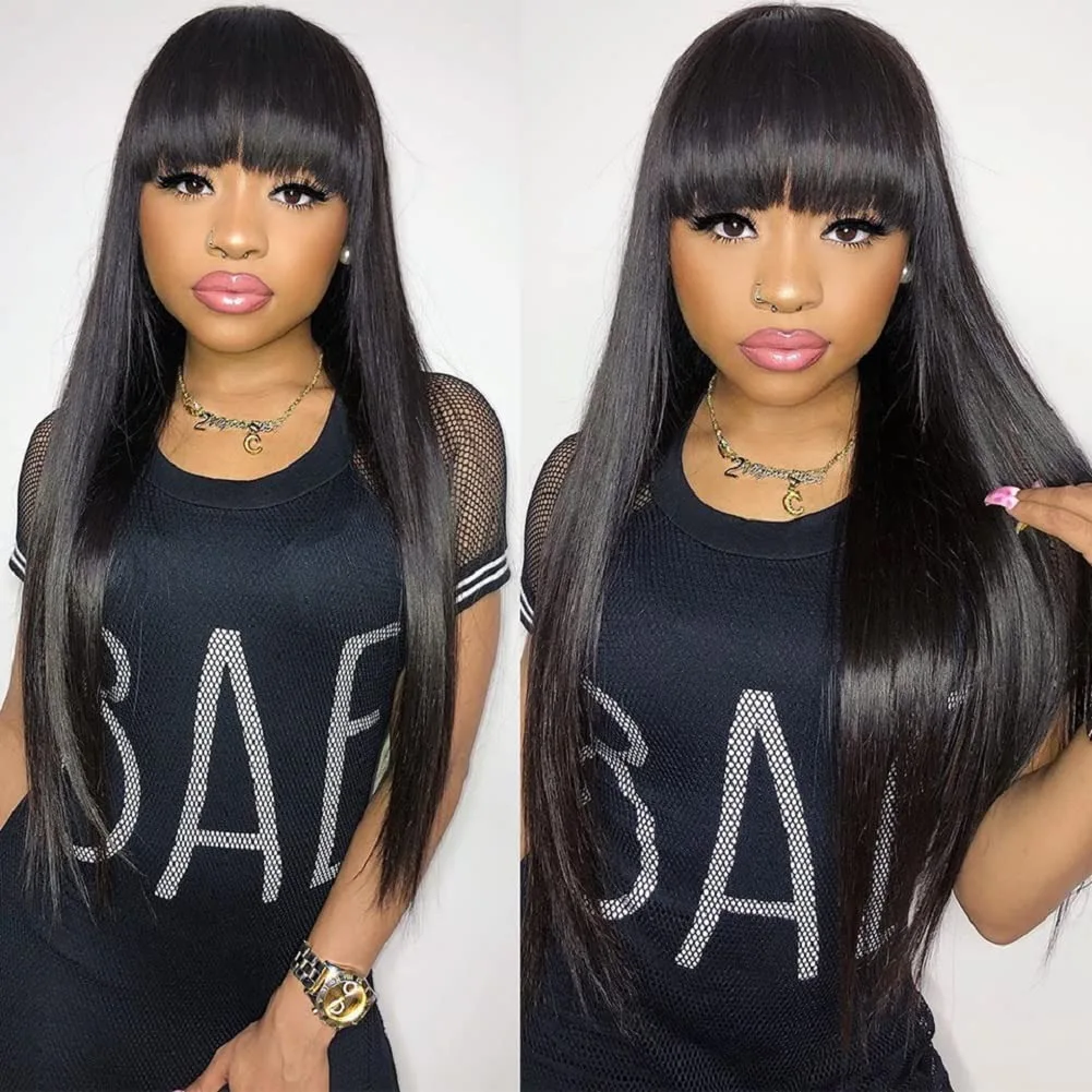 Straight Wigs With Bangs 100% Human Hair Wigs For Black Women 24 Inches 150% Brazilian Hair Full Machine Made Wig Ready To Go Wigs