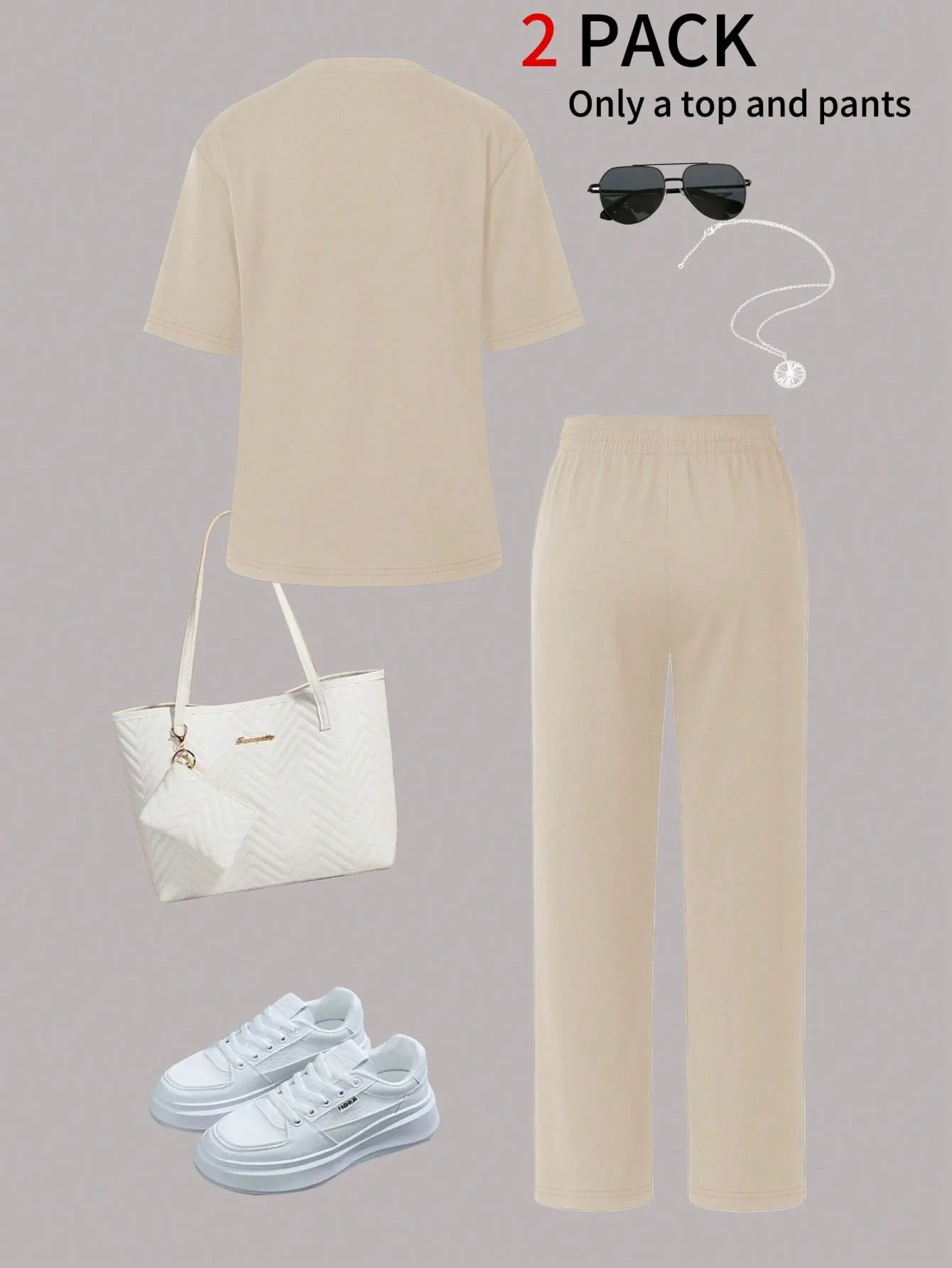 

Женский летний комплект из 2 предметов: футболка с коротким рукавом и брюки прямого кроя с высокой талией и завязками.