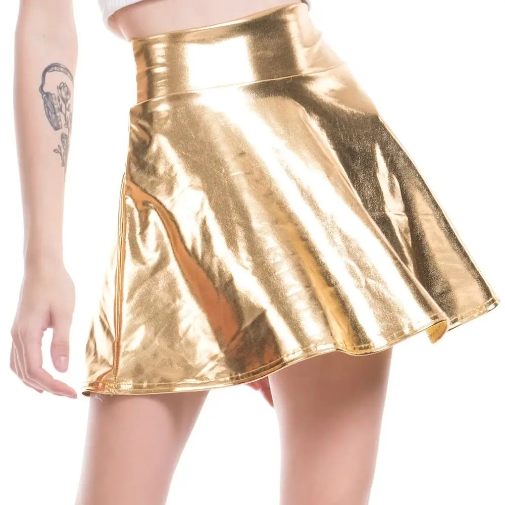 Retro Elegant Metallic Pleated Skirt Retro Flared Design A-line Short Skirt Gold Silver Elastic Shiny Short Dress Clubwear