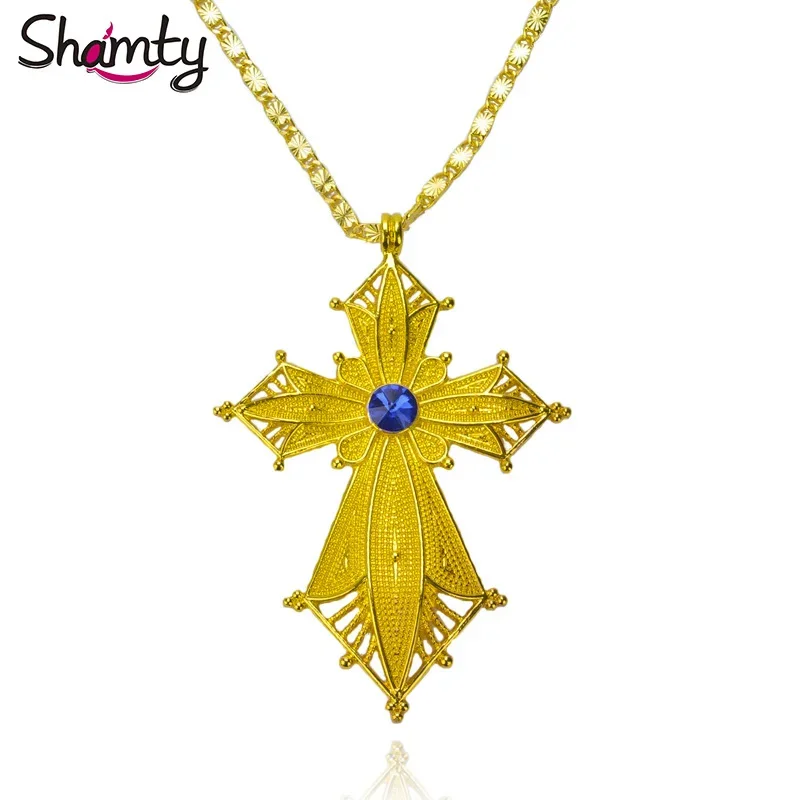 Shamty Pendant Necklace From Ethiopia Elevate Your Style Stunning Habesha Style Featuring Blue Stone Pure Gold Color African