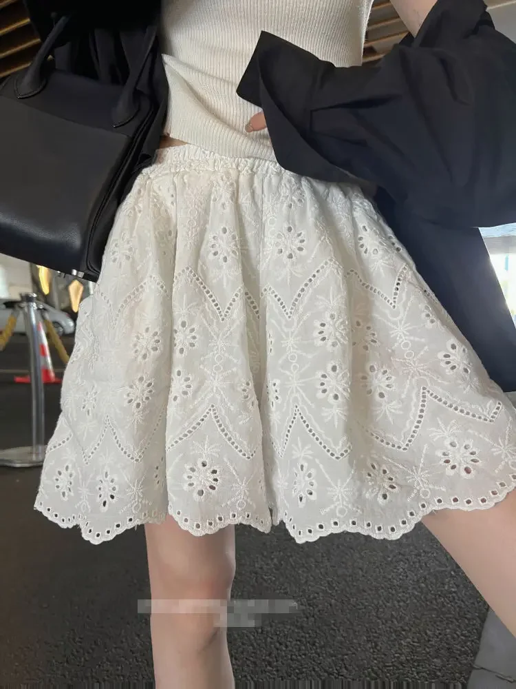 White Flower Embroidery Cotton Skirts Shorts Loose Elastic High Waist Shorts Sweet College Lady Summer Bottom Korean Short Skirt