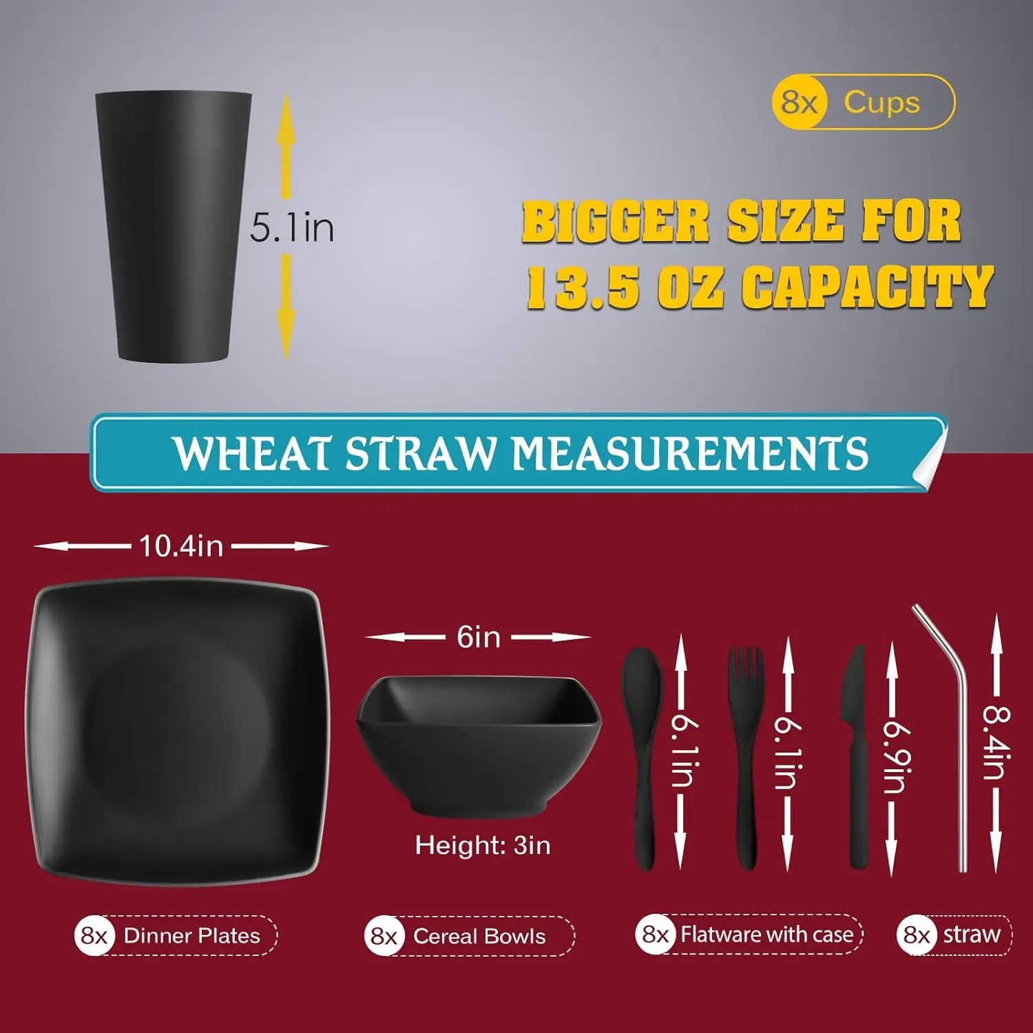 طقم أواني طعام مربعة من قش القمح البلاستيكي للمطبخ مكون من 56 قطعة مكون من 8 قطع، أطباق عشاء غير قابلة للكسر، أوعية للوجبات الخفيفة، أكواب