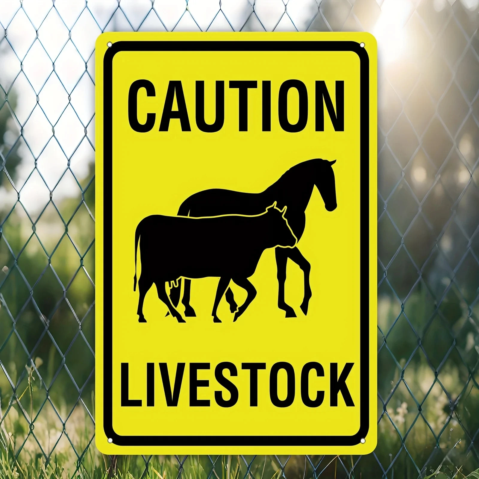 2D Flat - 1 Piece Warning Livestock Sign - Bright Yellow Metal Wall Art with Horse and Cow Patterns, 8x12inch Iron Art Outdoor Decoration