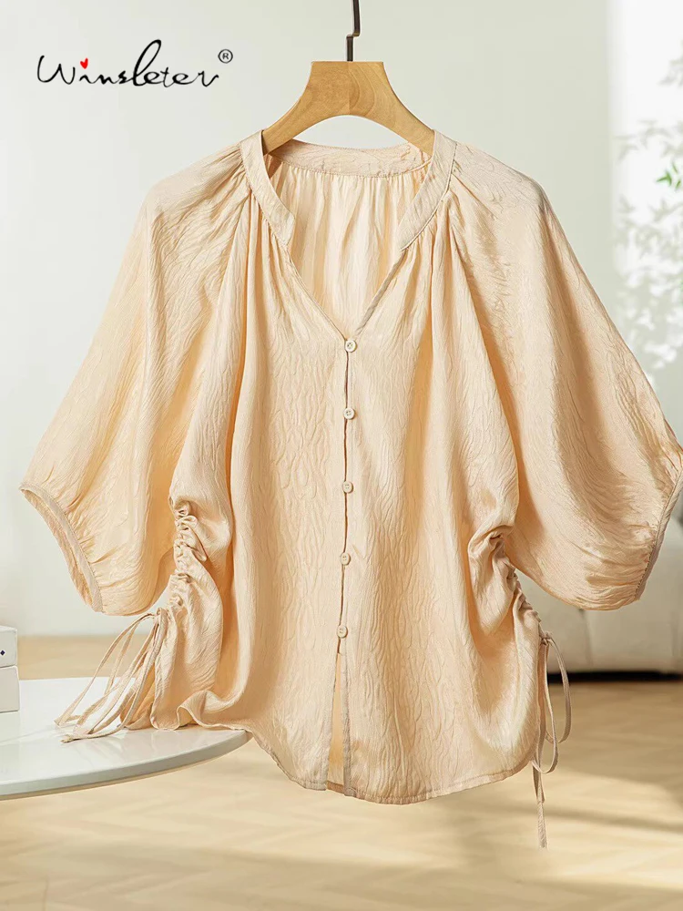 

Элегантная блузка Winsleter из 100% натурального шелка, с рукавами-фонариками и завязками, женская свободная блузка для офиса и повседневной носки, новинка лета 2026, T63937CC