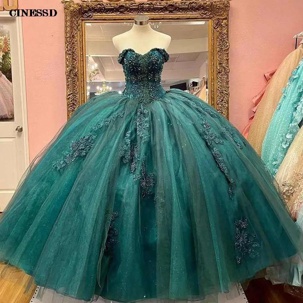 Vestidos de Quinceañera de encaje de cazador verde esmeralda para mujer, vestido de baile de fiesta de cumpleaños, cuentas de tul, Princesa, talla grande, Coset