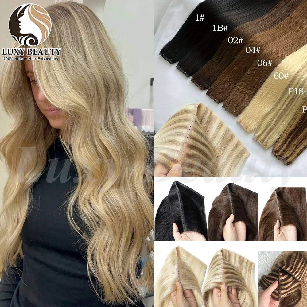バレイヤージュブロンドバタフライホールウェフトヘアエクステンションストレートインビジブルツインタブウェフトナチュラル1bブラウンホールウェフトヘアエクステンション