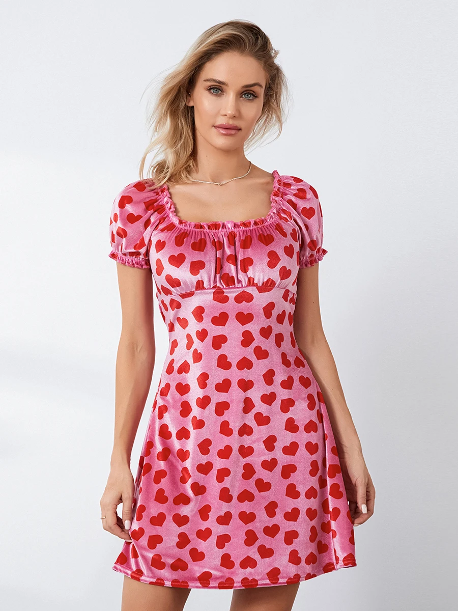 Mini vestido con estampado de corazón para mujer, Vestido corto informal de manga corta con cuello redondo y lazo en la espalda, ropa de calle