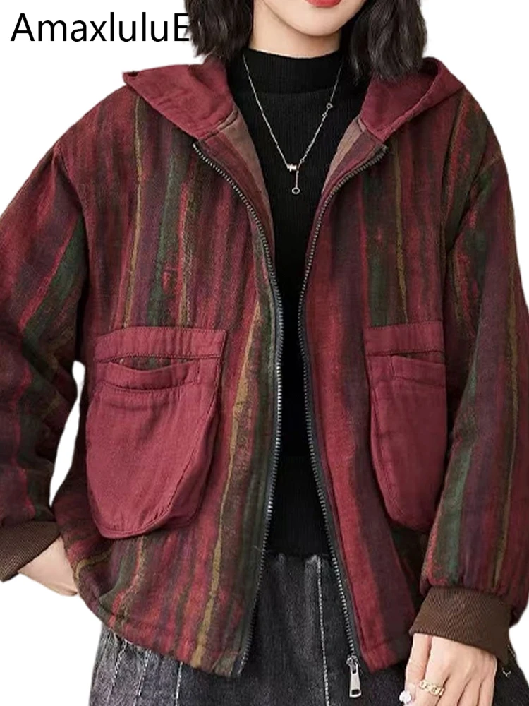 

Amax LuluE женские винтажные стеганые украшения в полоску с капюшоном зимние свободные модные парки для отдыха женские классические пальто корейского дизайна