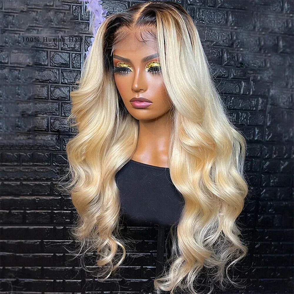 Ombre Golden Blonde Lace Frontal Wig 13x4 with Dark Roots Body Wave for Black Women Daily Cosplay Use