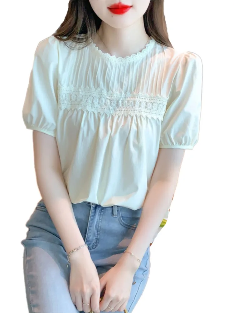 Summer Women Fashion French Loose O-neck Shirts Female Short-sleeved Shirt Tops Ladies Solid Color Pullover Blouses