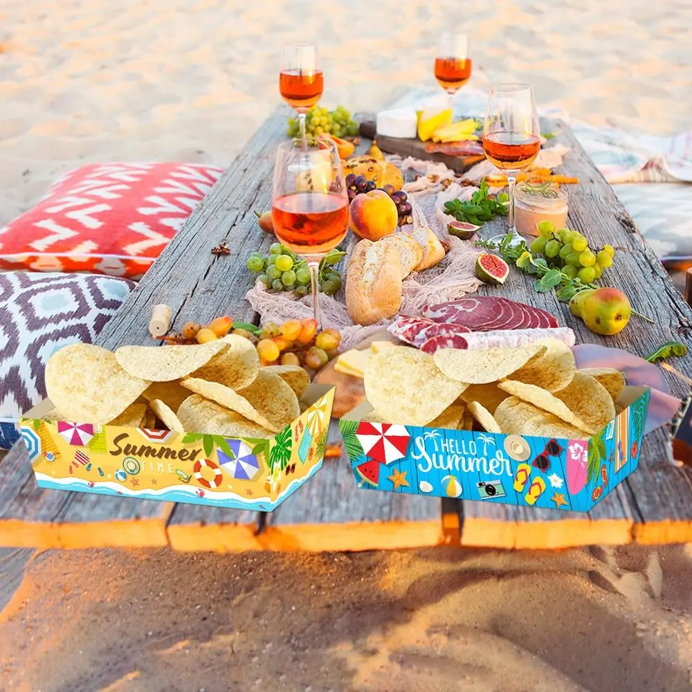 12pçs caixas retangulares de papel para lanche de verão, panelas de cozimento descartáveis para festival, bandejas de lanches de papel, decoração havaiana