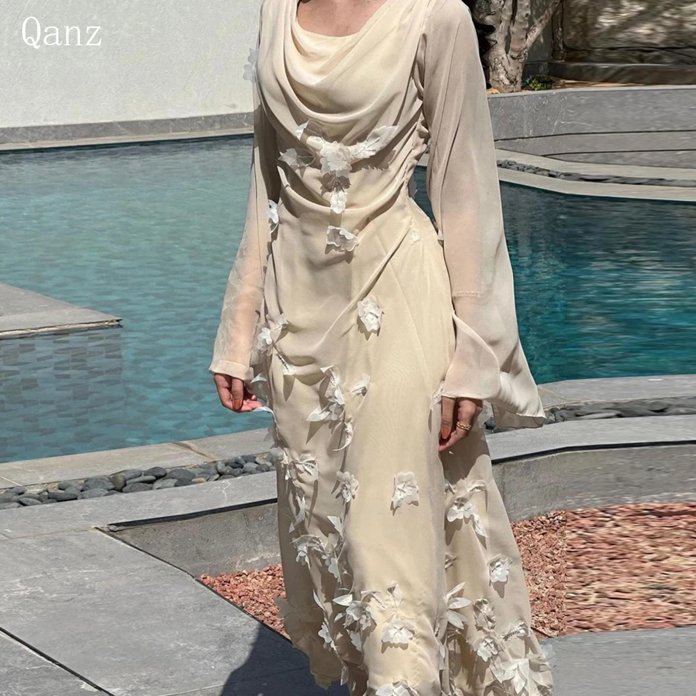 

Qanz Champagne Mermaid Evening Dresses Arabric Full Sleeves Prom Dresses Formal Occasion Handmade Flowers Prom Gowns Customized