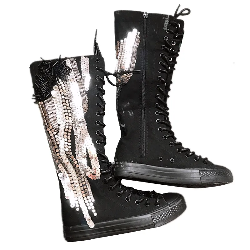 

2022 New Women's Black Canvas Lace-Up Knee High Boots Luxury Rivets Squins High Tops Casual Shoes Punk Floral Vulcanize Sneakers