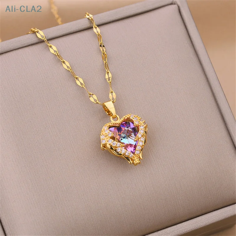Fashion Ocean Heart Necklace Heart Angel Wings Colorful Crystal Pendant Chain Necklace Wedding Jewelry Gifts For Women Girls image 4