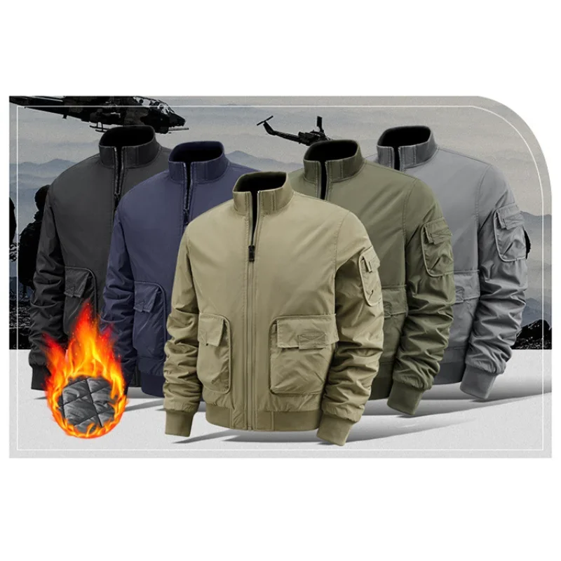 

Cotton Flight Parkas for Men New Solid Color Casual Loose Multi-pocket Outdoor Travel Stand Collar Windbreaker Baseball Jacket