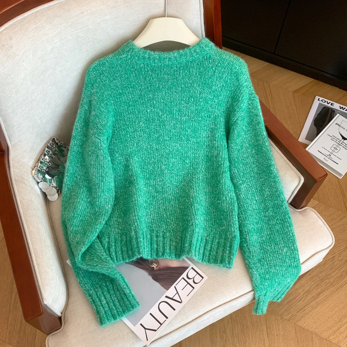 Dames groene gebreide trui O-hals trui Vintage jaren 2000 Koreaanse trui gebreide lange mouwen kasjmier trui voor dameskleding 2025