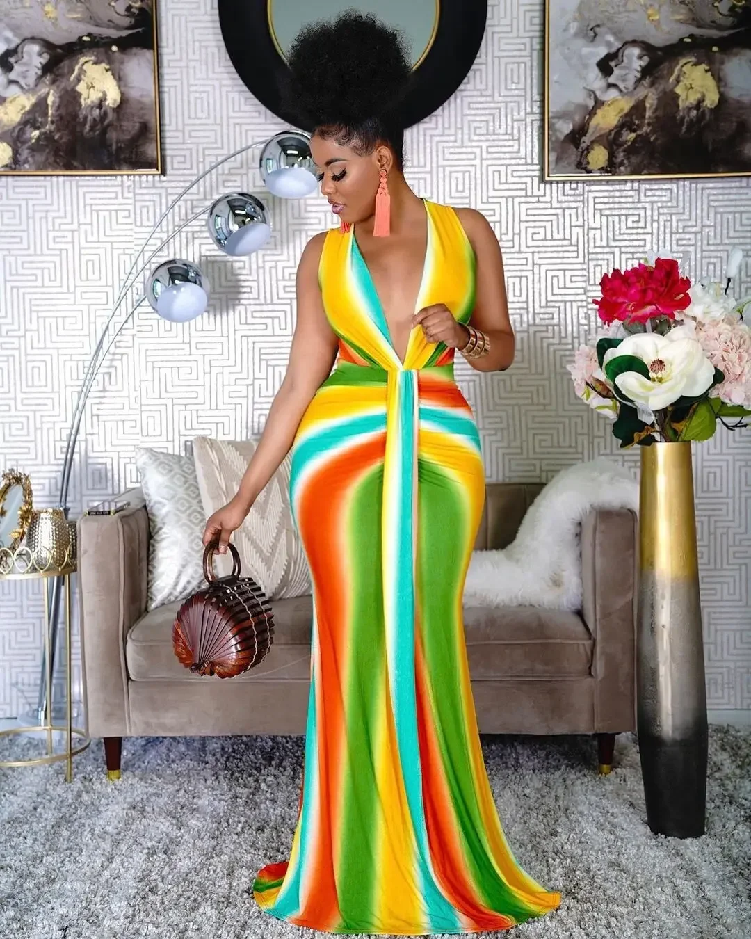 

Fashion Print African High Waist V-neck Maxi Dress for Women Elegant Lady Evening Party Dresses Summer Female Sexy Bodycon Gown