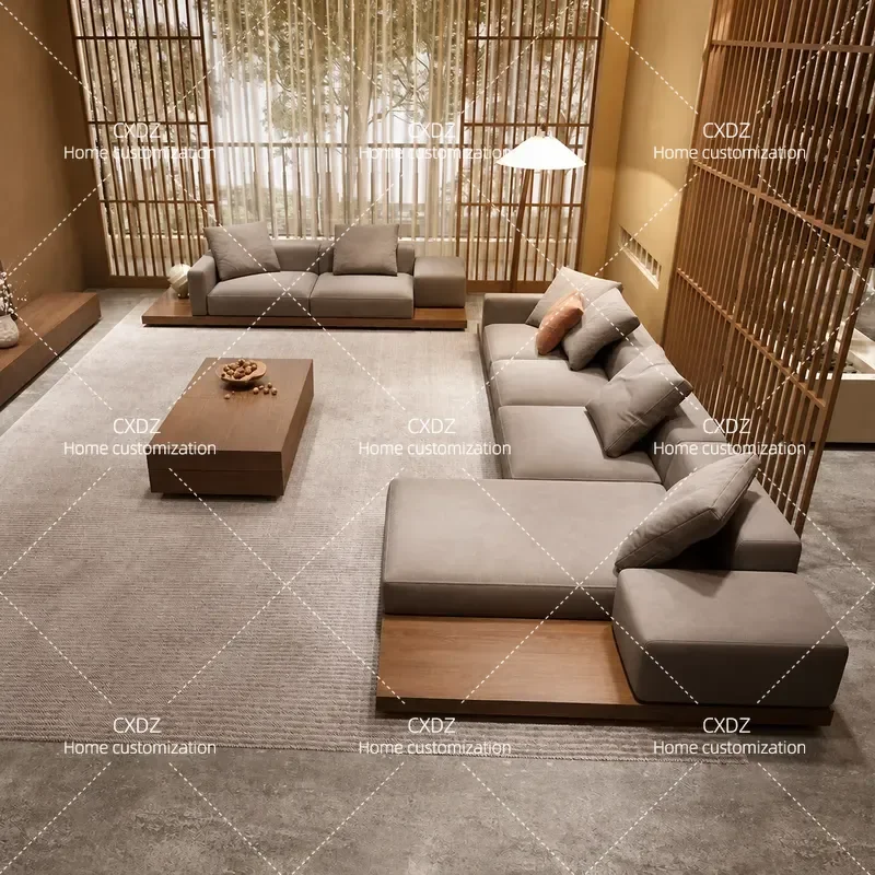 Wabi Sand Japanese Style Walnut Sofa Solid Wood Corner Technology Fabric Creative Living Room Furniture for Villa