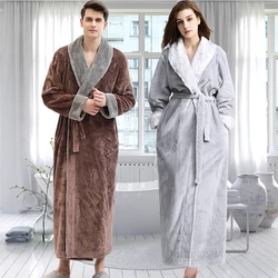 Lovers Winter Extra Long Flannel Bathrobe Warm Dressing Gown Women Men Coral Fleece Bath Robe Plus Size Bride Sleepwear Thick