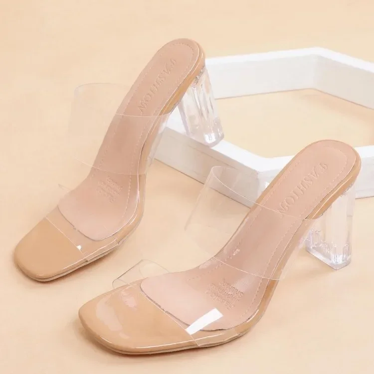 Transparent High Heels Women Square Toe Sandals Summer Shoes Woman Clear High Pumps Wedding Jelly Buty Damskie Heels Slippers