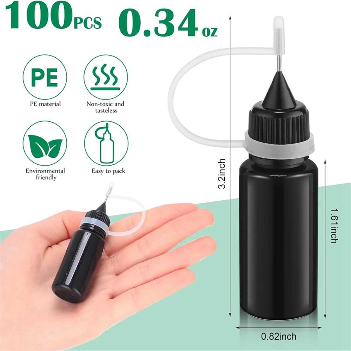 Botol plastik anti ringan Mini, 100 buah lem ujung jarum hitam, botol plastik anti ringan, botol aplikator ujung jarum presisi 10 Ml