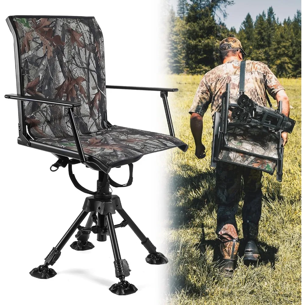 

360 Degree Silent Swivel Blind Hunting Chair, Camo Height Adjustable Quick Folding Portable Comfortable Hunting Fishing Chair