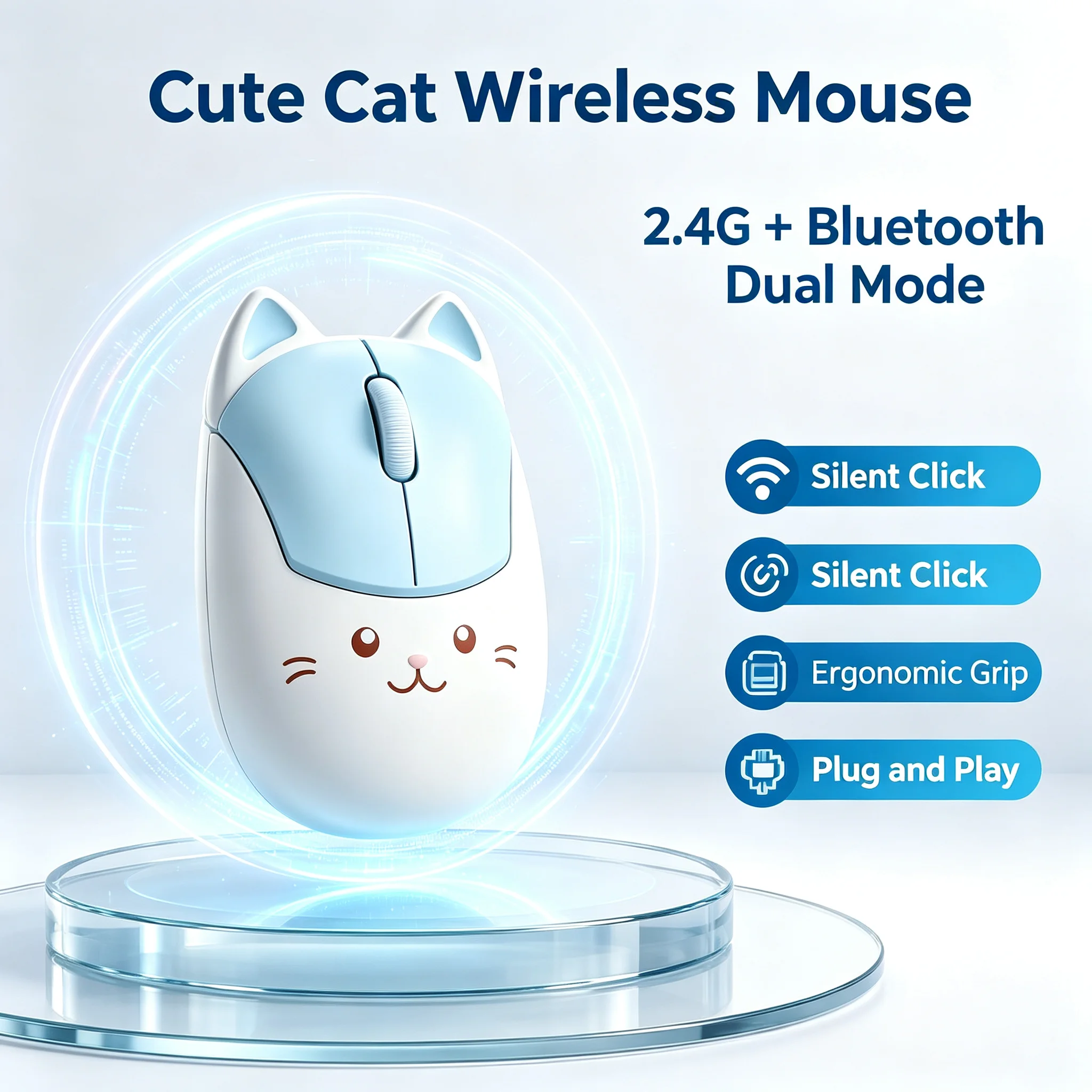 Cute Cat Wireless Mouse 2.4G & Bluetooth Dual Mode Silent Click Ergonomic Mice for Laptop PC Tablet Phone 1600DPI Mouse Gift