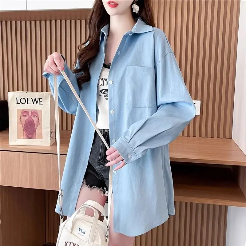 Spring Summer Women's 2024 New Splice Polo Collar Button Pocket Fashion Solid Color Minimalist Casual Long Sleeve Blouses Shirts