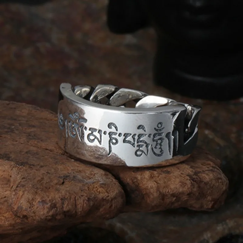 BOCAI 2023  NEW  S925 Sterling Silver Personality Retro Om Mani Padme Hum Fashion  Knitting Ring Men's Style