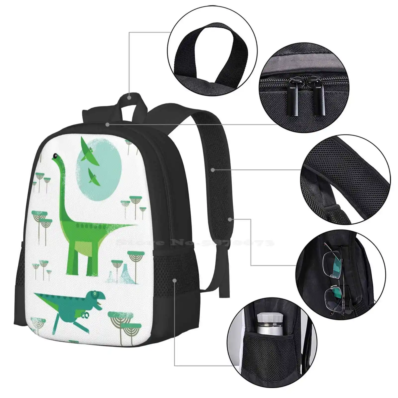 Dinos Hot Sale Backpack Fashion Bags Dinosaur T Rex Brachiosaur Tyrannosaur Cretaceous Pre Historic Volcano Sun Pteranodon