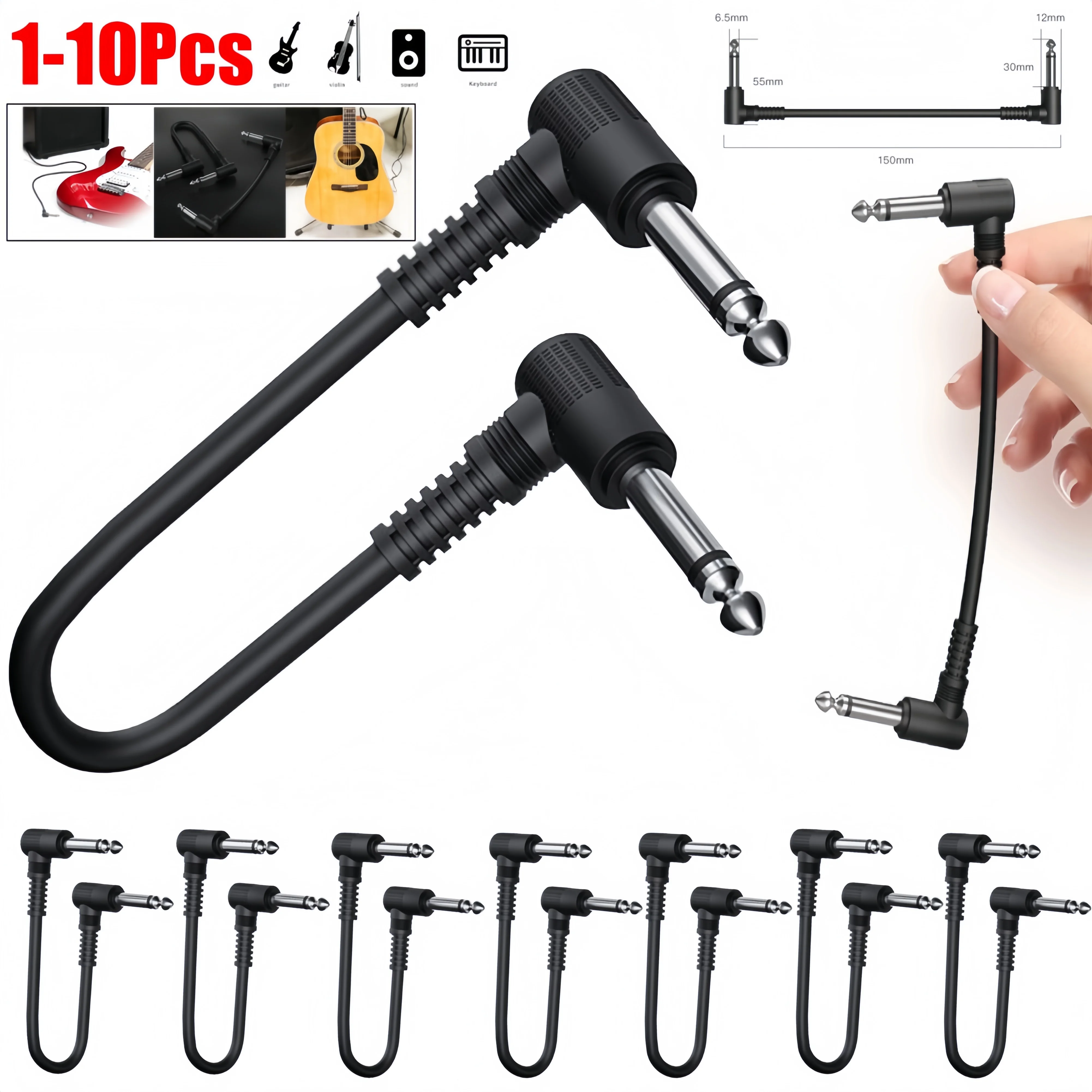 1-10pcs Guitar Effect Pedal Flat Cable Patch Cables 15cm Length with 1/4 Inch Right Angle Connectors Patch Cable Kit Musical Ins