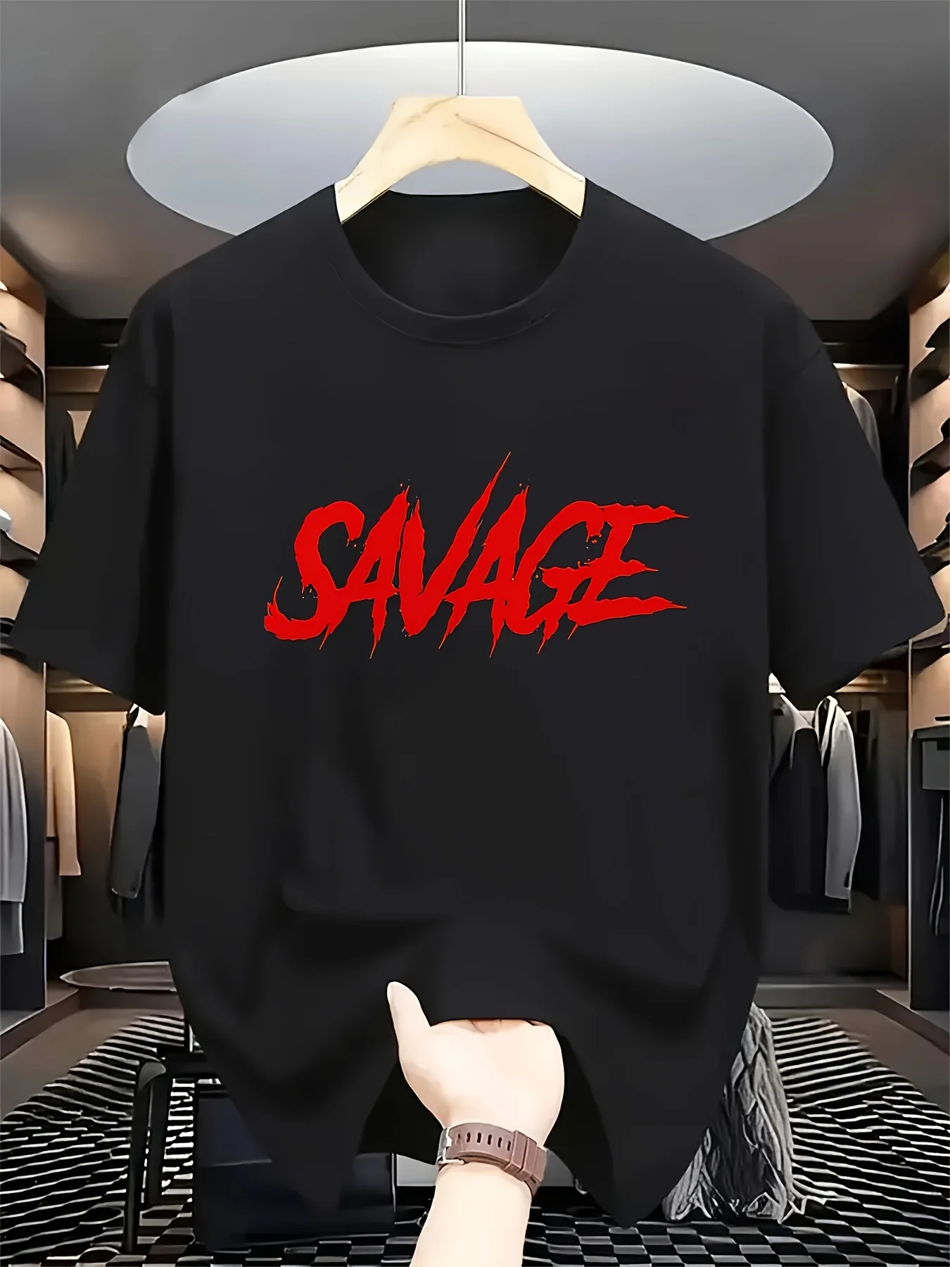 Savage Gear Unisex Printed T-Shirt - Eye-Catching Red Savage Print, Retro Street Style, Soft Polyester Crew Neck T-Shirt for Both Men and Women, Casual and Suitable for All Seasons, Perfect Gift for Fashion Enthusiasts, Model C, Casual Wear Patterned Printed Crew Neck T-Shirt Gift