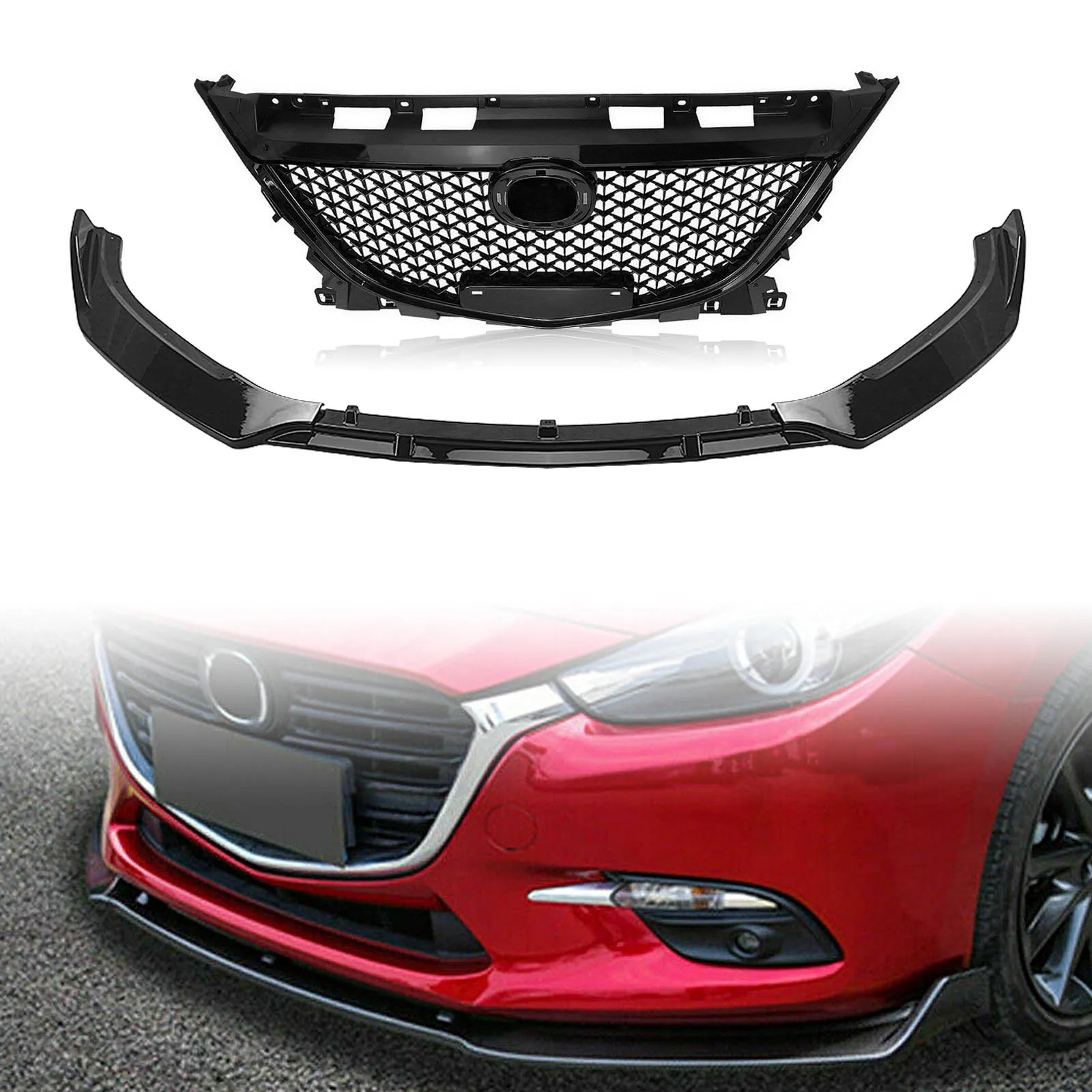 

For Mazda 3 Axela 2014-2016 Mazda3 Gloss Black Honeycomb Style Upper Grille Grill+Front Bumper Lower Spoiler Lip Splitter Blade