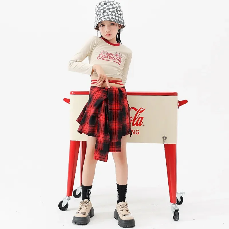 Children's Jazz Dance Costumes Girls Long Sleeve Round Neck Letter Print Pullover Red Plaid Short Skirt Set Kids Hip Hop Outfits