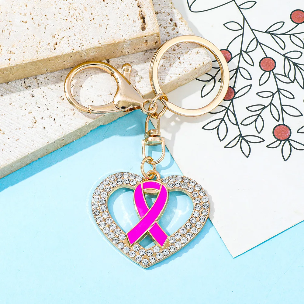 Pink Ribbon Heart Keychain with Rhinestones Creative Fashion Bag Pendant Heart Shaped Key Chain Decor Unique Accessory