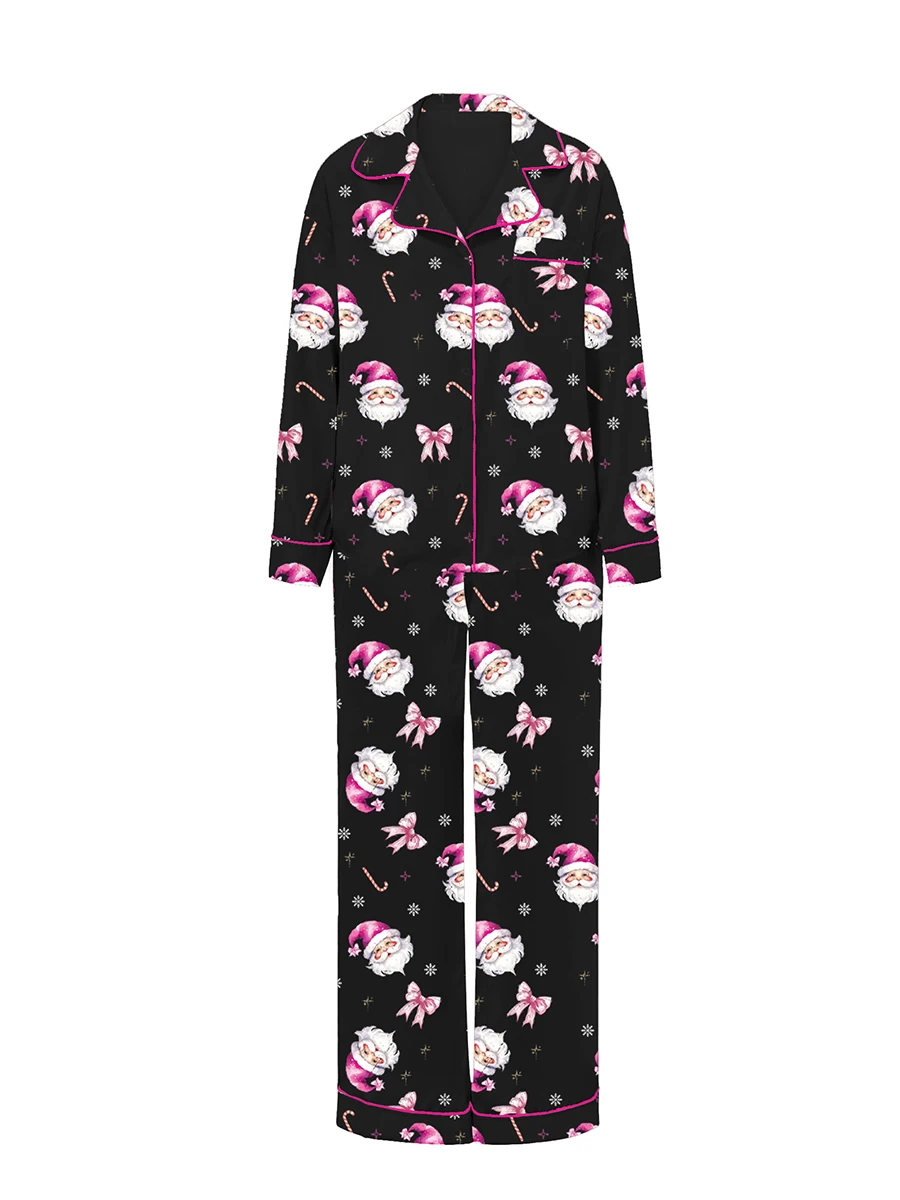 Women Christmas Pajama Set Santa Claus Print Long Sleeve Shirt with Pants Sleepwear Loungewear