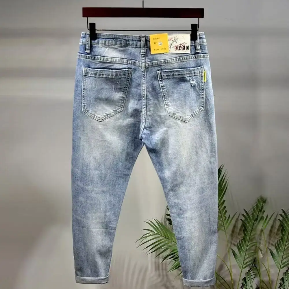 High-end Ripped Hole Jeans Men's Trendy Brand 2025 New Spring Patch Slim-fitting Small Foot Patch Elastic Pants mens Trousers