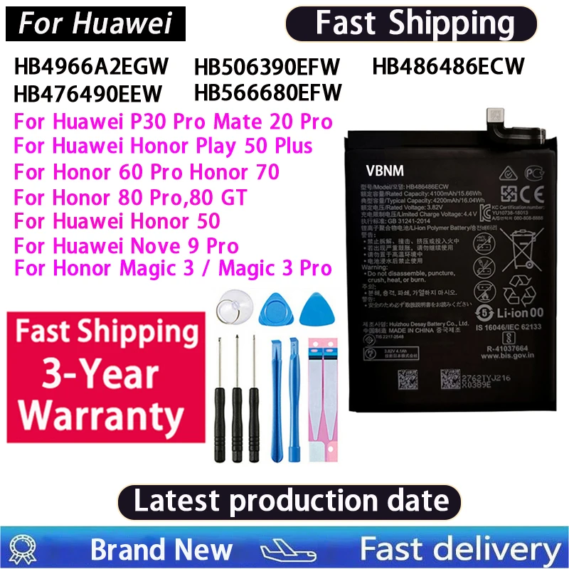 Original Battery For Huawei Mate 20 Pro / Honor 50 Plus X7B 80 GT Nova 9 Pro Magic 3 P30 50 60 70 80 Pro Batteries+Free Tools