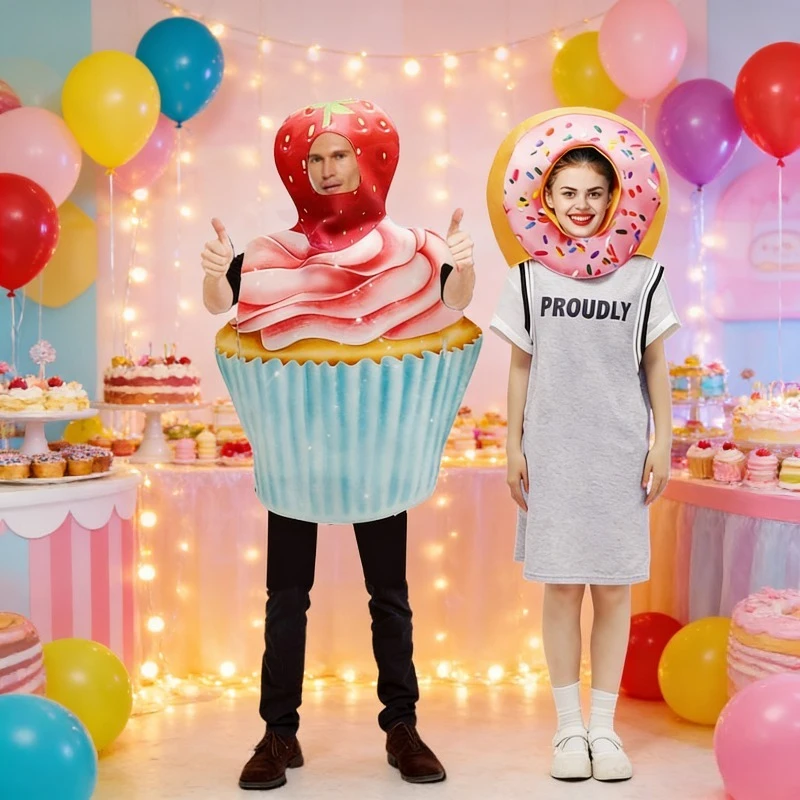 

Halloween Party Fun Food Cosplay Costume Strawberry Cake Donut Clothing for Adults Stage Performance Carnival Roleplay Suit