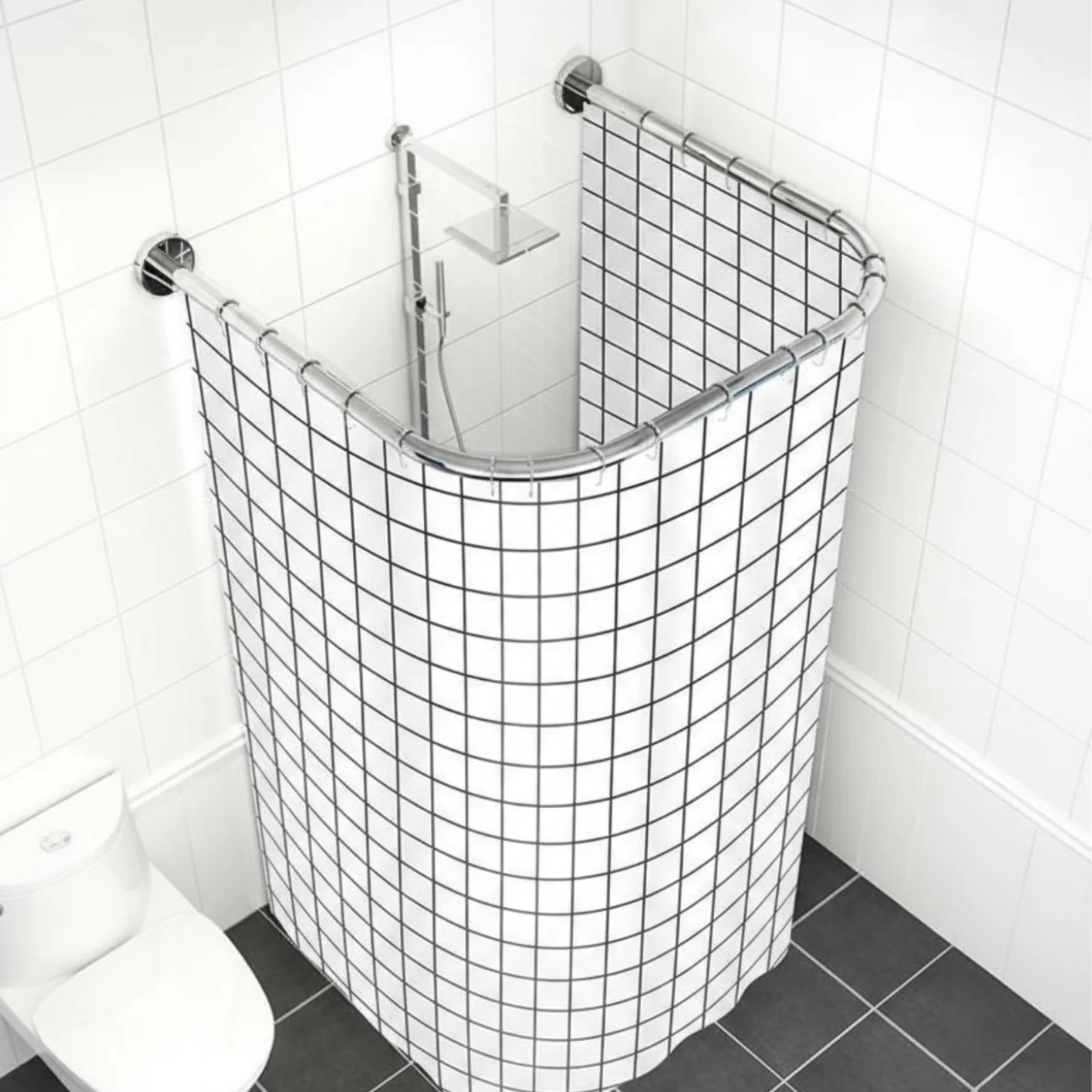 

U Shaped Shower Curtain Set, Waterproof Polyester, Curved Rod, Easy Assembly, Bathroom Divider
