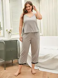 Summer Plus Size Women's Pajamas Set Luxury V Neck Sexy Sleepwear Sling Top Nightwear Home Clothes Suit Femme Cloth Lace Edge