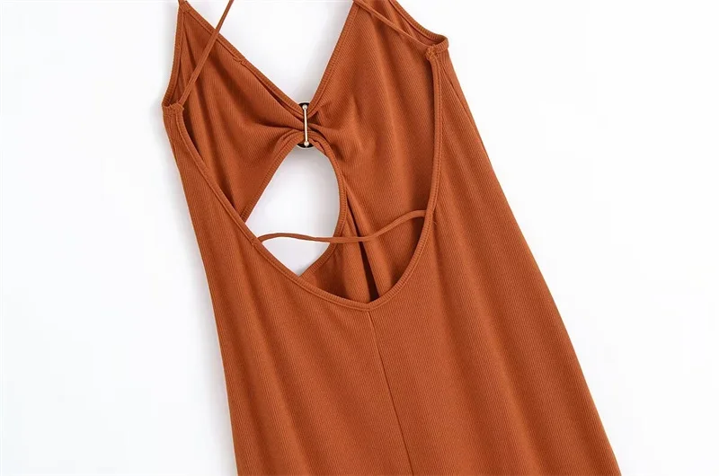 Damenkleider, neuer Sommer, kastanienbraune Hosenträger, Ausschnittkleid, Goldbesatz, sexy, offener Rücken, stilvolle Persönlichkeit