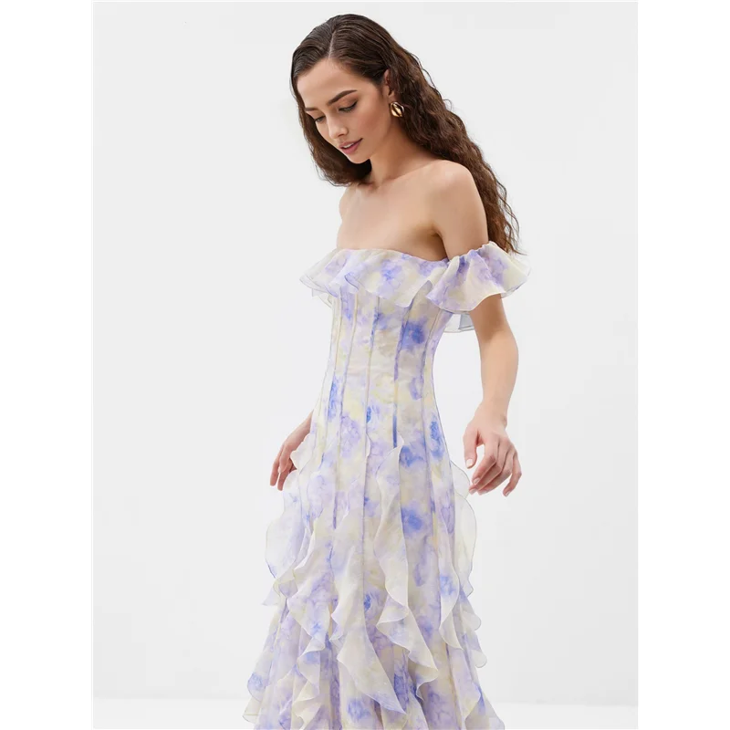 CGS-Womens Maxi Dresses Summer Off Shoulder Floral Dress Ruffle Beach Flowy Boho Wedding Guest Dress