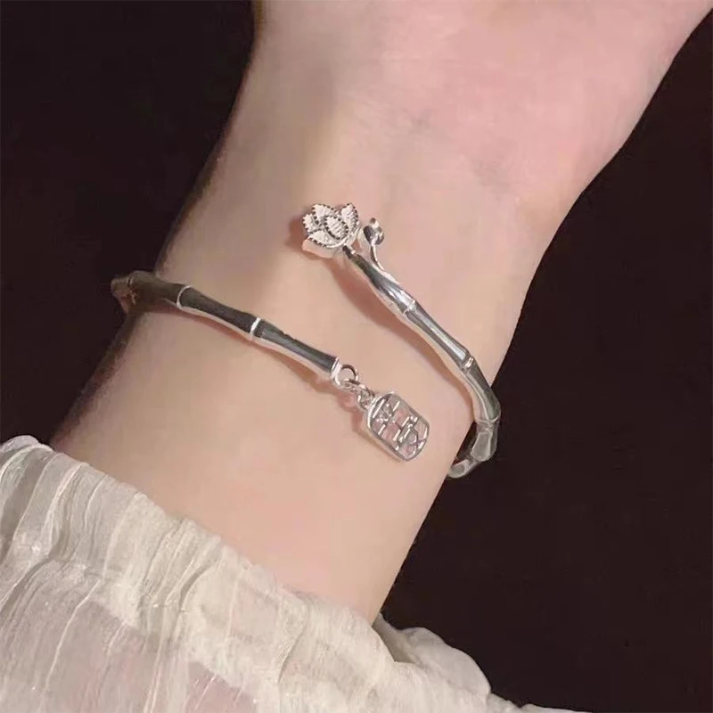 Adjustable Lucky Blessing Bamboo Lotus Bracelet Silver Color Hollow Letter Pendant Bangle For Women Opening