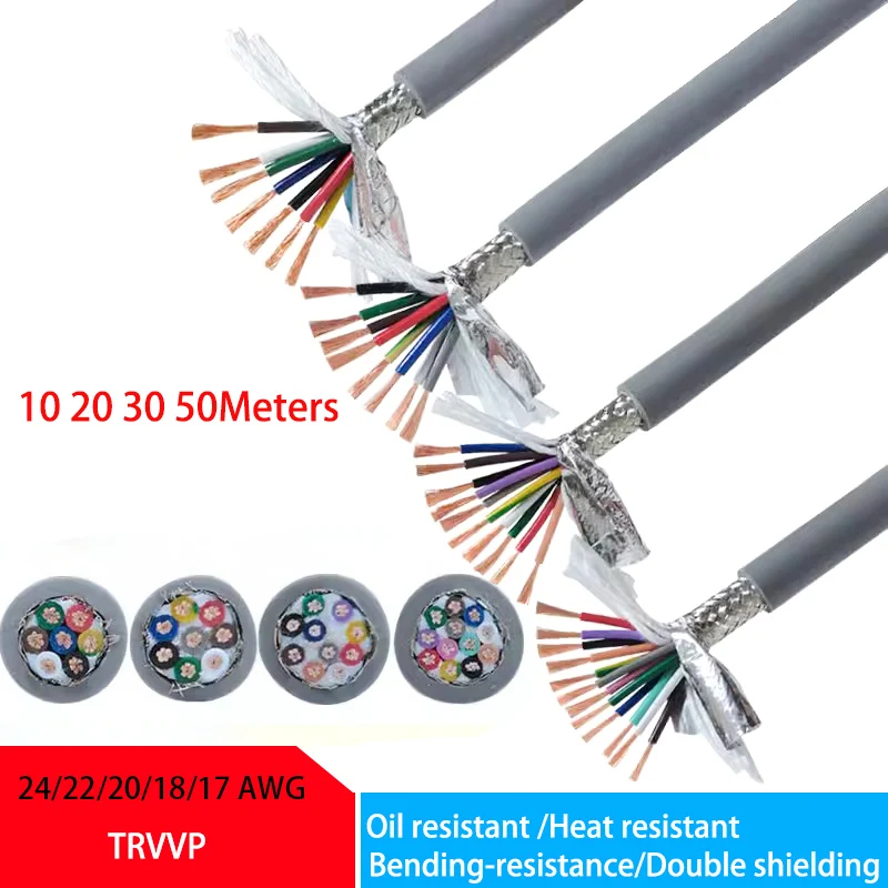 

10 20 30 50M TRVVP Heat-Resistant Wire 4Core Double Shielded Cable 24 22 20 18 17AWG 2 3 4 5 6 7 8Core Oil Resistant CNC Cable
