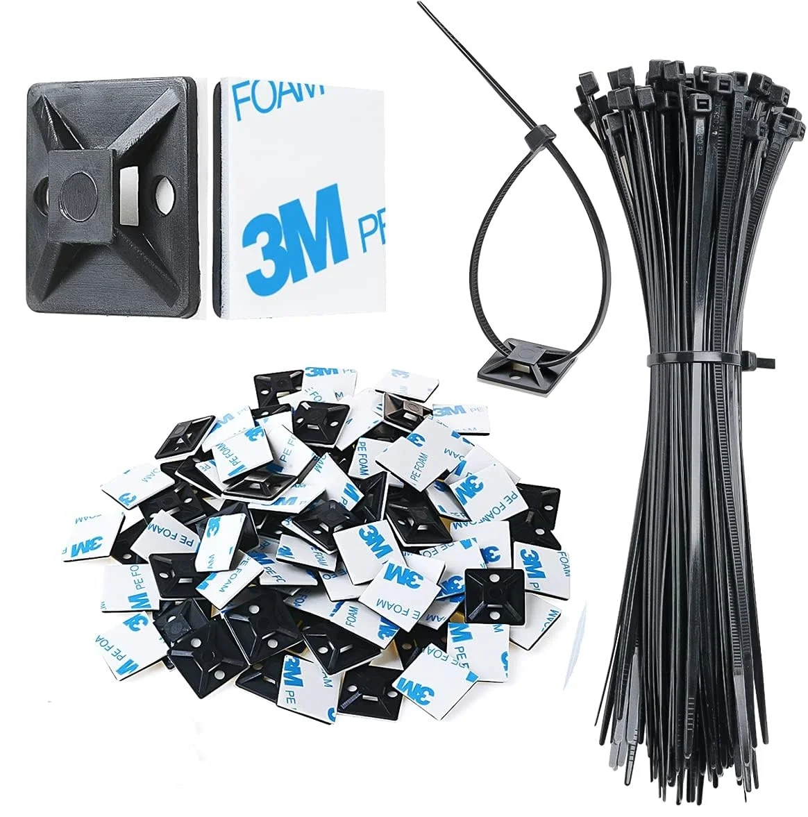 

100pcs Self-Locked Nylon Cable Tie 3*150mm + 100pcs Nylon Square Plastic 3M Self Adhesive Wire Zip Fixed Seat Holder 20*20mm